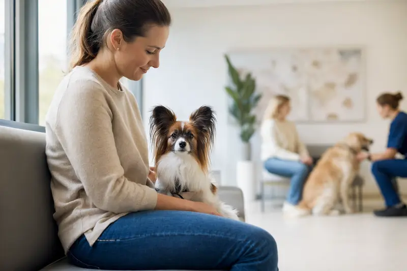 Ein Papillon Hund sitzt ruhig neben seinem Besitzer im hellen Wartezimmer einer modernen Tierarztpraxis.